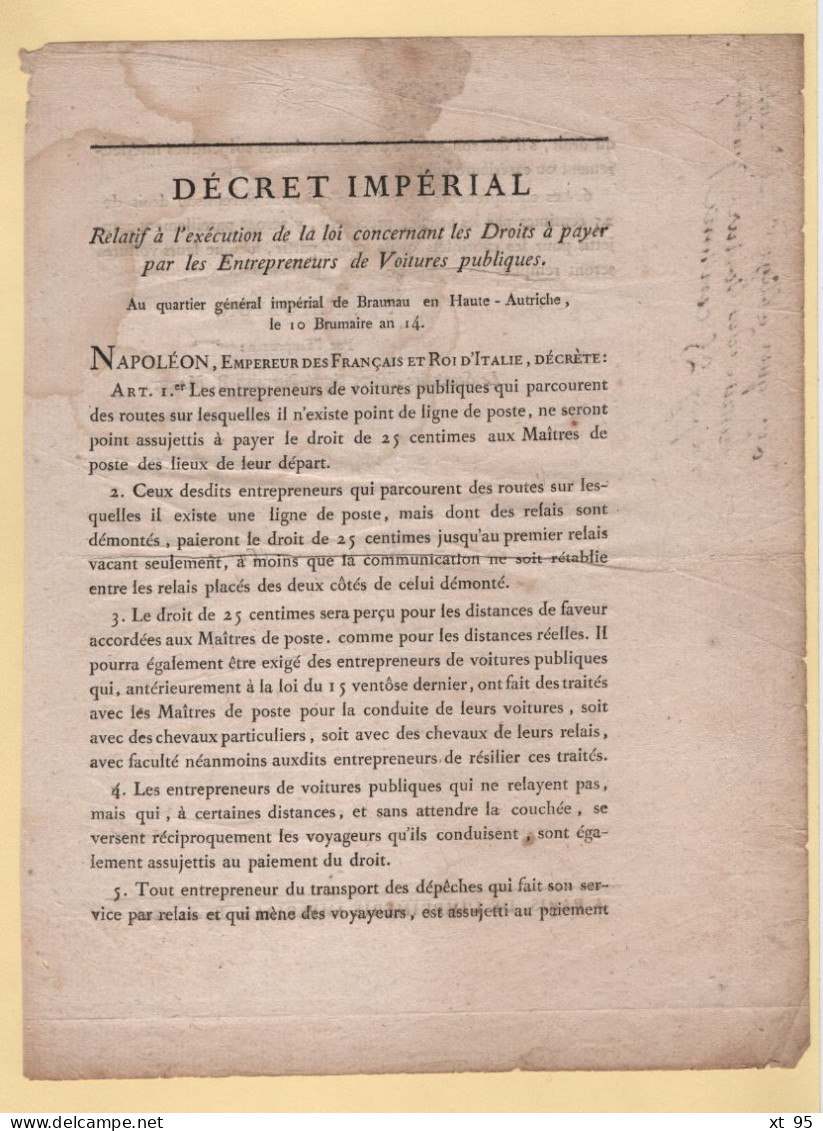 Decret Imperial - Droits A Payer - Maitres Des Postes - Transport Des Depeches - Napoleon - Bramau Autriche - An 14 - 1801-1848: Precursors XIX