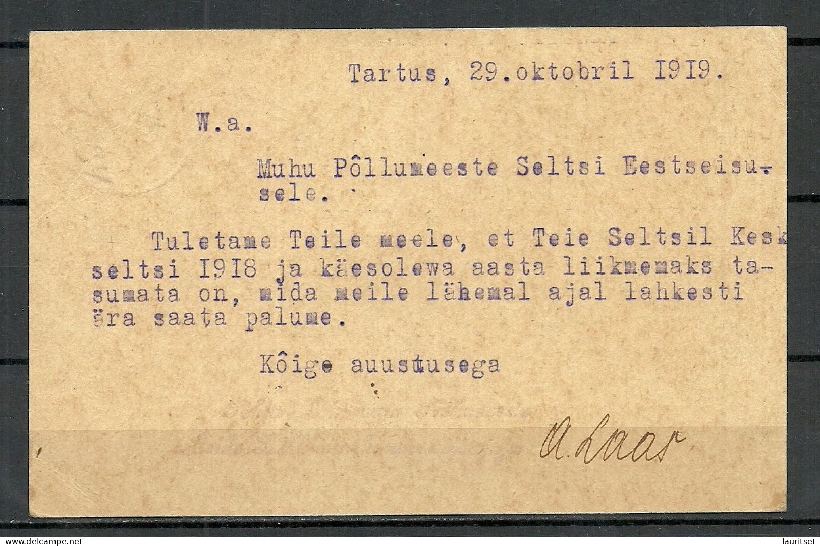 ESTLAND Estonia 1919 Domestic Post Card Põhja-Liivimaa Põllutöö Keskselts Cancel Landwirt. Verein Nord-Lifland - Estonie