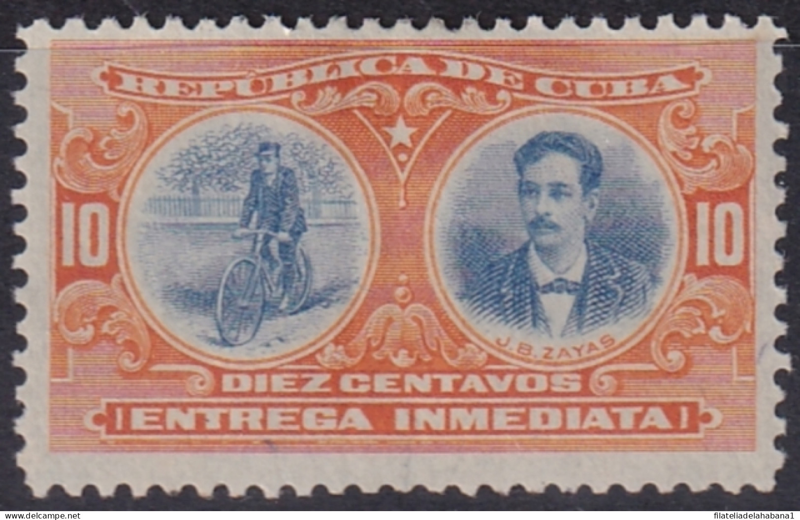 1910-224 CUBA 1910 10c MH ENTREGA ESPECIAL GEN JUAN BRUNO ZAYAS CYCLE BYCLICLE.  - Unused Stamps
