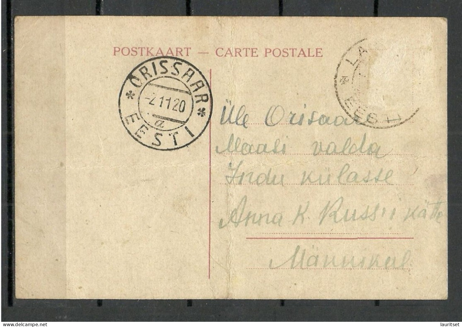 ESTLAND Estonia 1920 O ORISSAAR Orissaare & Laimjala On Domestic Post Card Stamp Missing/Marke Fehlt NB! Folded! - Estonie