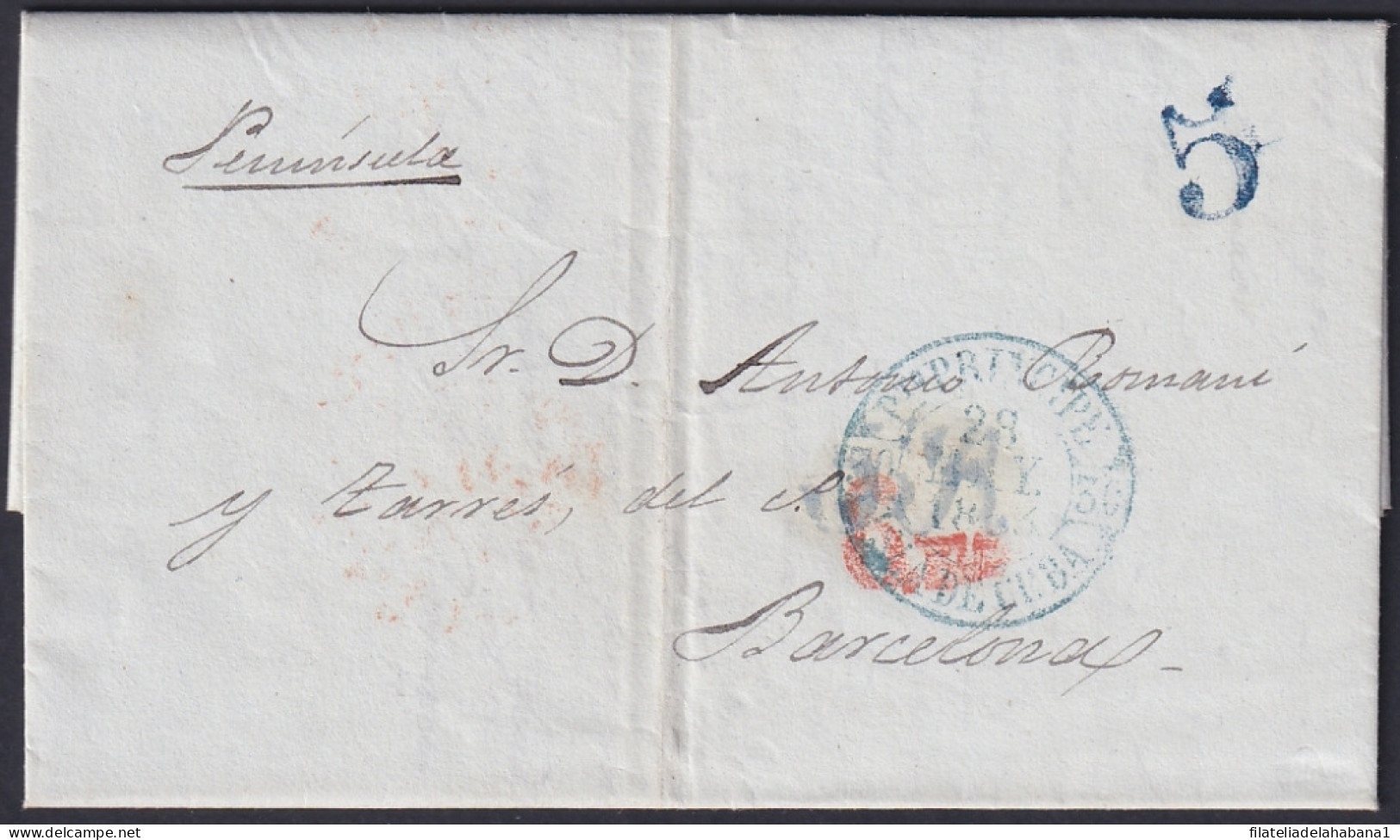 PREFI-794 CUBA 1853 STAMPLESS PUERTO PRINCIPE TO BARCELONA. 8ms TAXE.  - Voorfilatelie