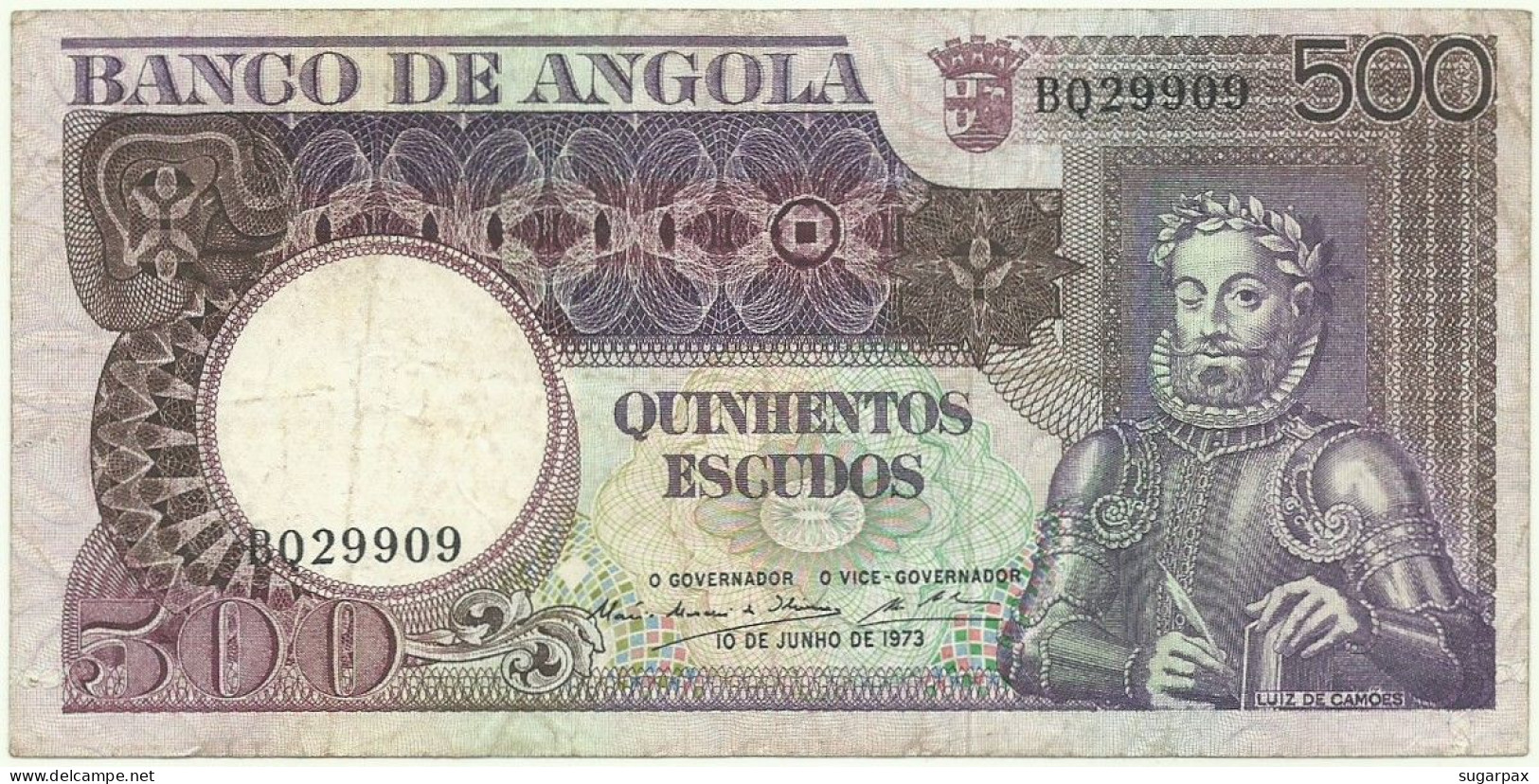 Angola - 500 Escudos - 10.6.1973 - Pick: 107 - Serie BQ - Luiz De Camões - PORTUGAL - Angola