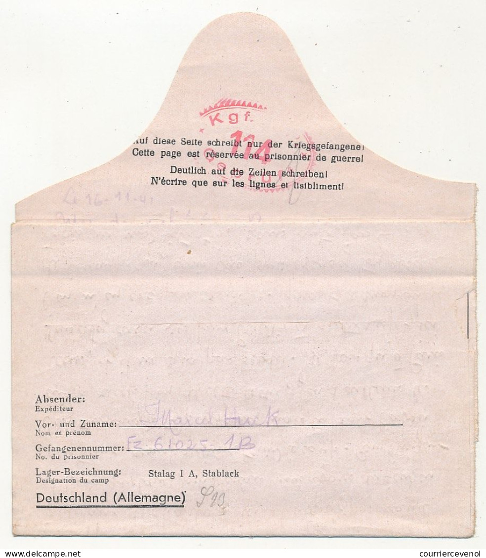 Lettre Depuis Le Stalag 1A Stablack - Censure Rouge Kgf. B.P. 114 Geprüft - Novembre 1941 - Guerre De 1939-45