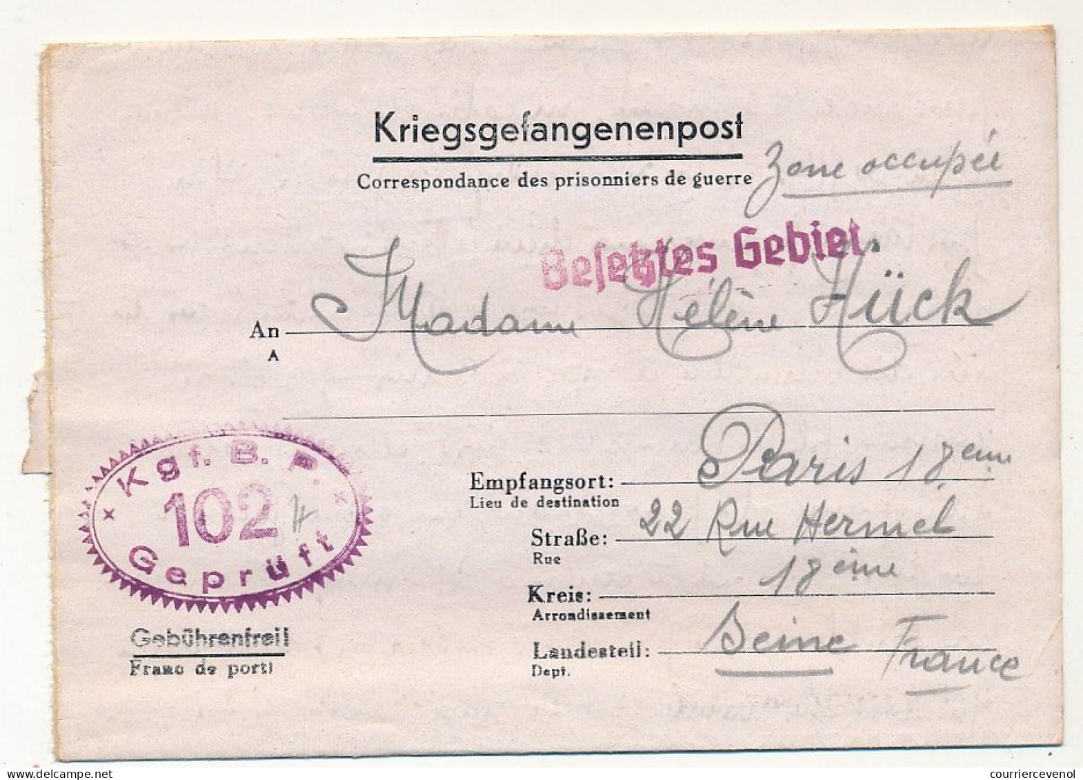 Lettre Depuis Le Stalag 1A - Censure Violette Kgf. B.P. 102 Geprüft - Mai 1941 - Guerre De 1939-45