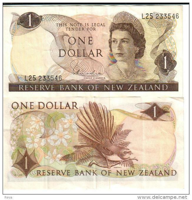 NEW ZEALAND $1 JAMES COOK WMK 1ST ISSUE HEAD OF QEII BIRD BACK ND(1968-75) SIGN WILKS P.163b VF READ DESCRIPTION - Neuseeland