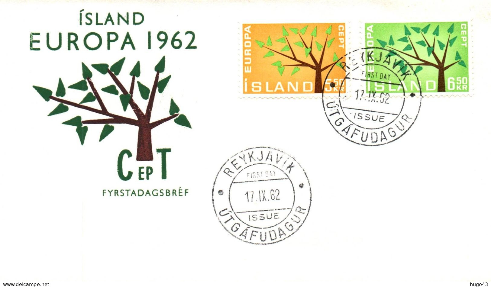 (RECTO / VERSO) ENVELOPPE 1er JOUR EUROPA 1962 - ISLANDE LE 17/09/1962 - BEAUX TIMBRES - ETR - 1962