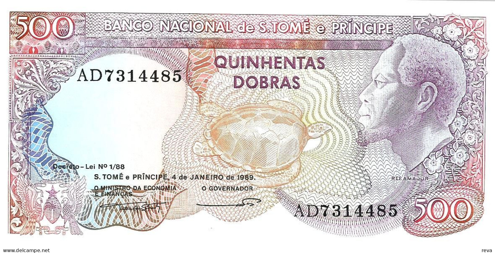 SAO TOME AND PRINCIPE 500 DOBRAS PURPLE MAN FRONT WATERFALL FLOWERS BACK DATED 04-01-1989 UNC P.? READ DESCRIPTION - Sao Tome And Principe