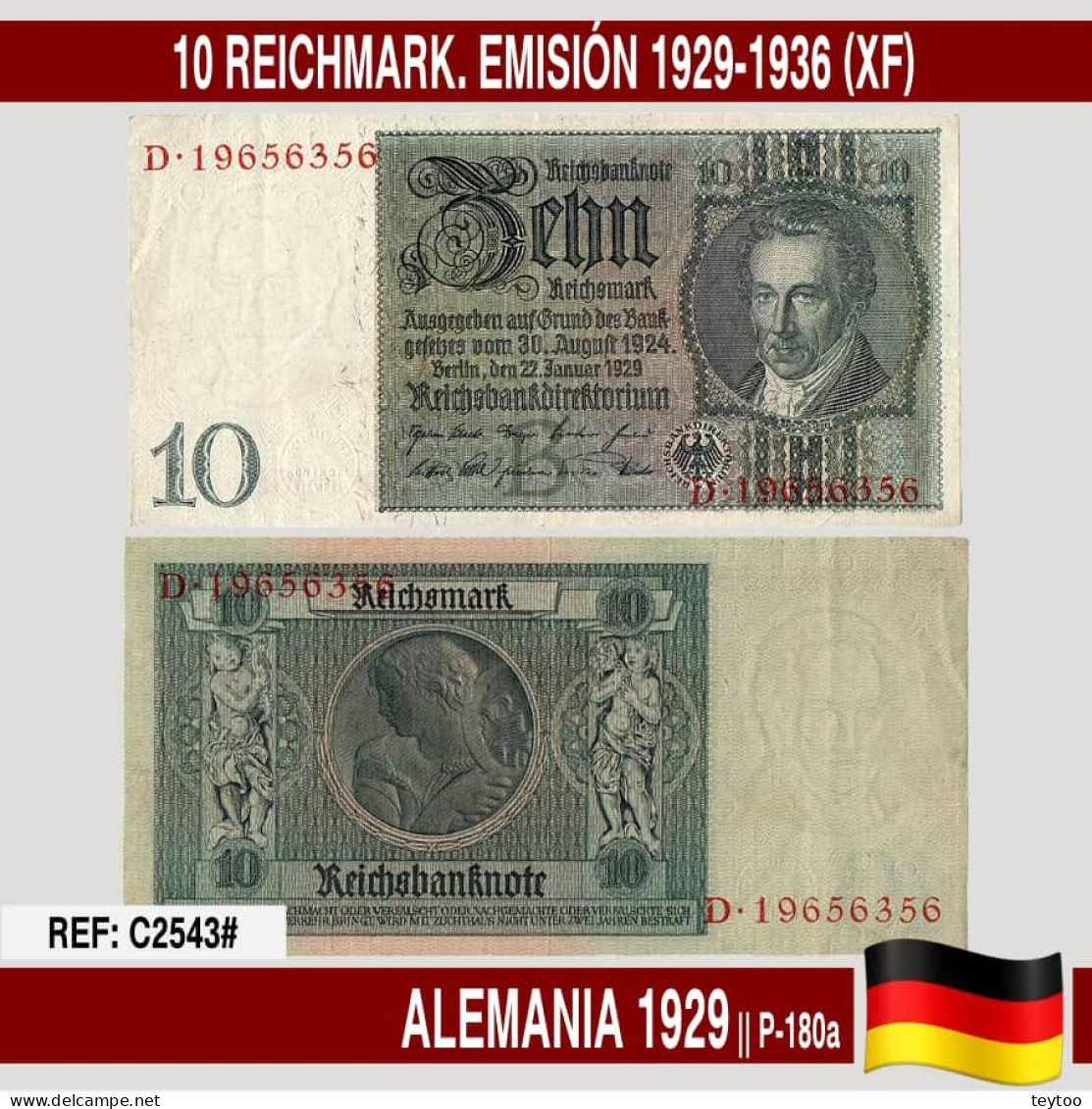C2543# Alemania 1929. 10 Reichmark. Emisión 1929-1936 (XF) P-180a.2 - 10 Mark