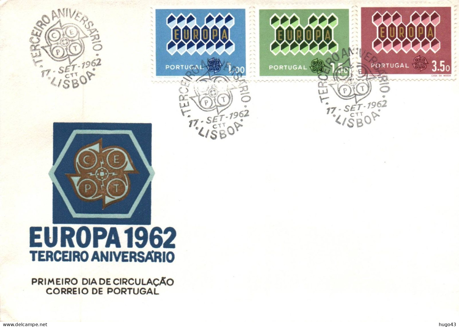 (RECTO / VERSO) ENVELOPPE 1er JOUR EUROPA 1962 - PORTUGAL LE 17/09/1962 - BEAUX TIMBRES - ETR - 1962