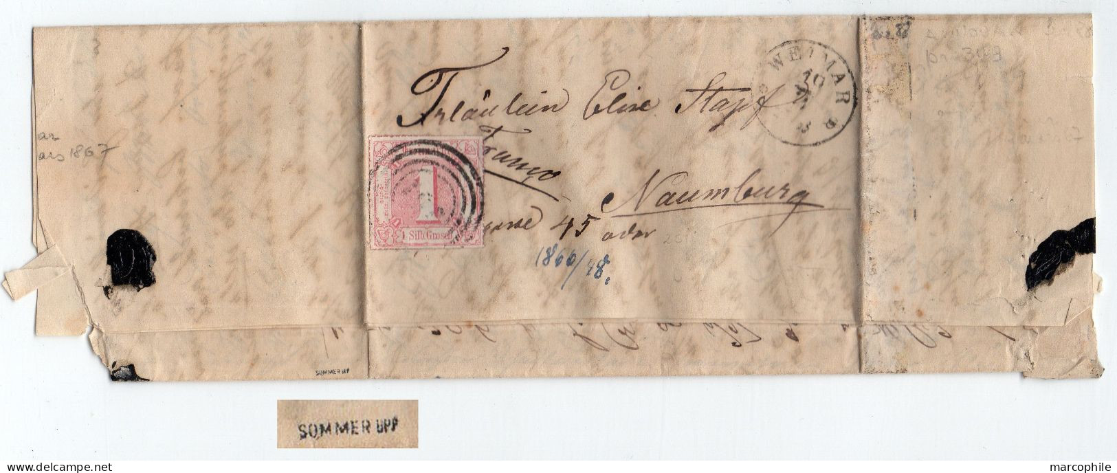 TOUR ET TAXIS - THURN UND TAXIS - WEIMAR / 1867 - 1  SGR. ROSE SUR PLI EXPERTISE ==> NAUMBURG (ref 8678) - Covers & Documents