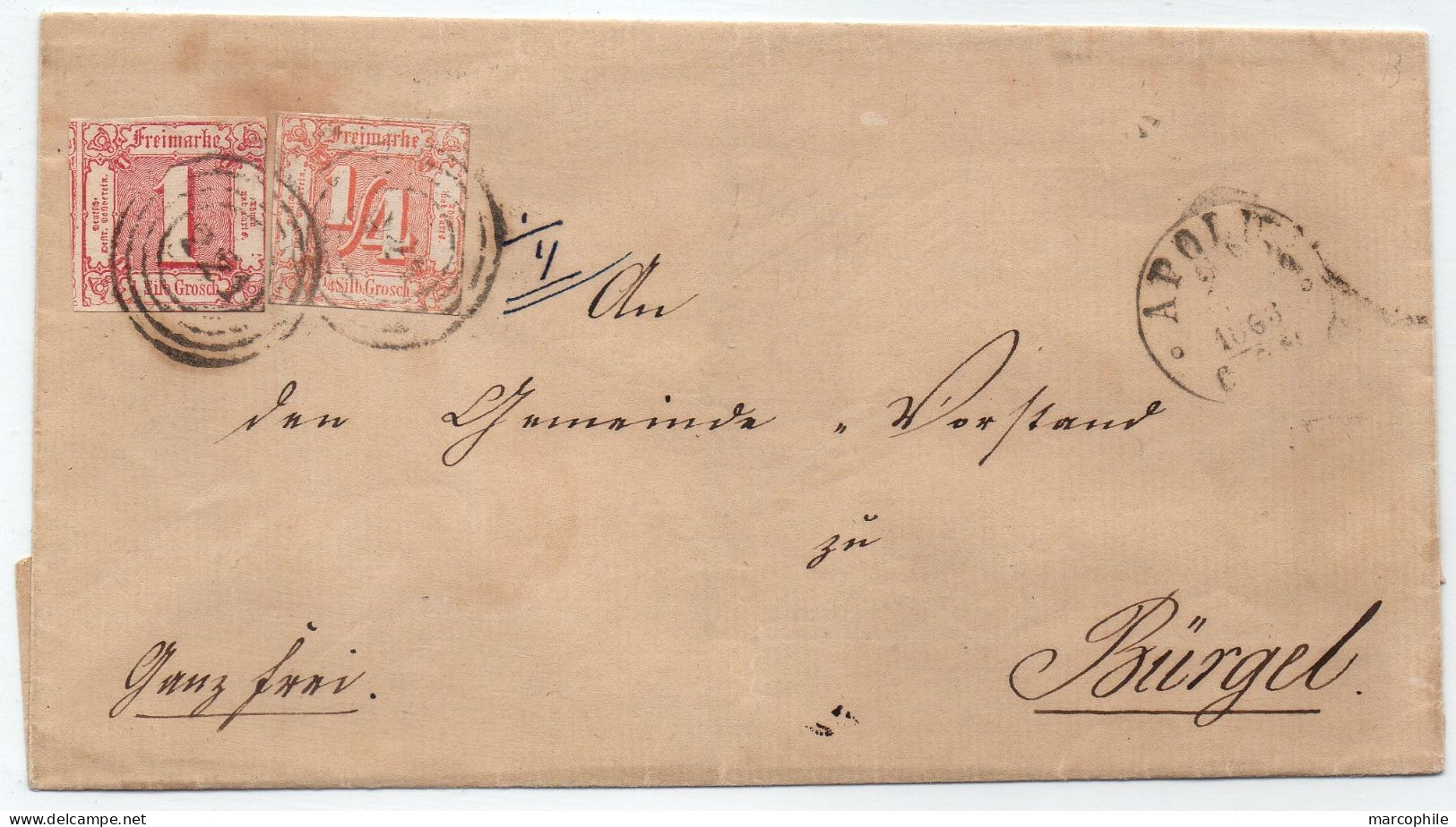 TOUR ET TAXIS - THURN UND TAXIS - APOLDA / 1863 - 1/4 SGR. + 1 SGR. SUR PLI ==> BÜRGEL (ref 8681) - Lettres & Documents