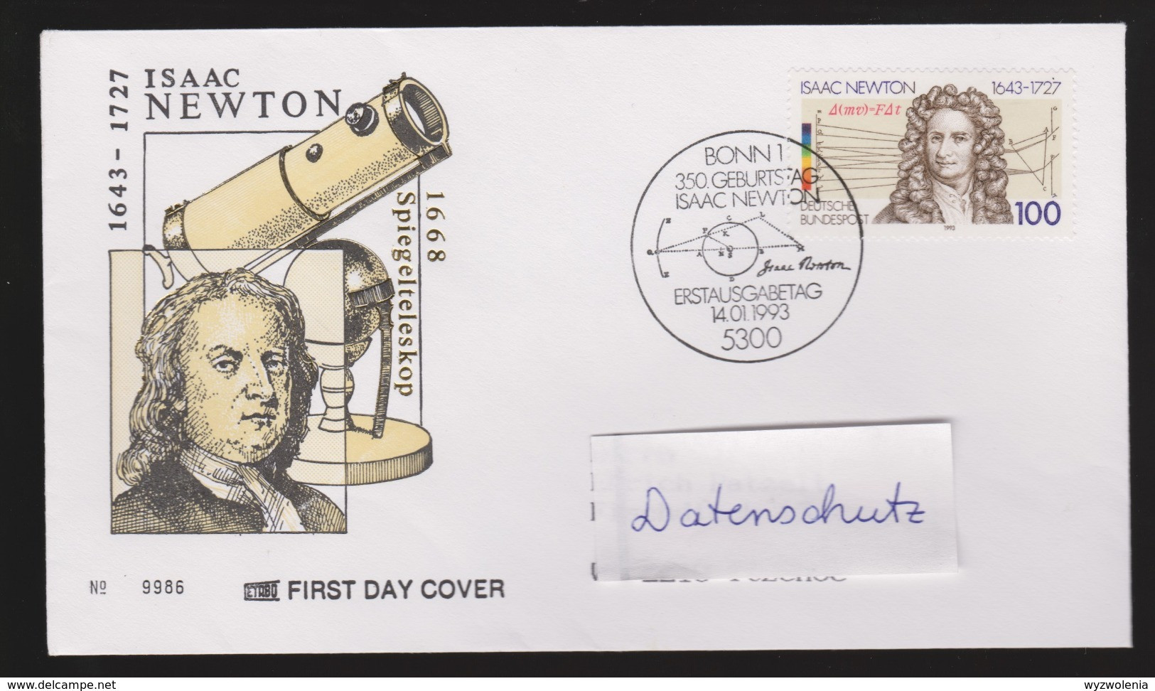 M 295) BRD 1993 Mi# 1646 FDC: Isaac NEWTON, Mathematiker Physiker Astronom Lichtspektrum - Physique