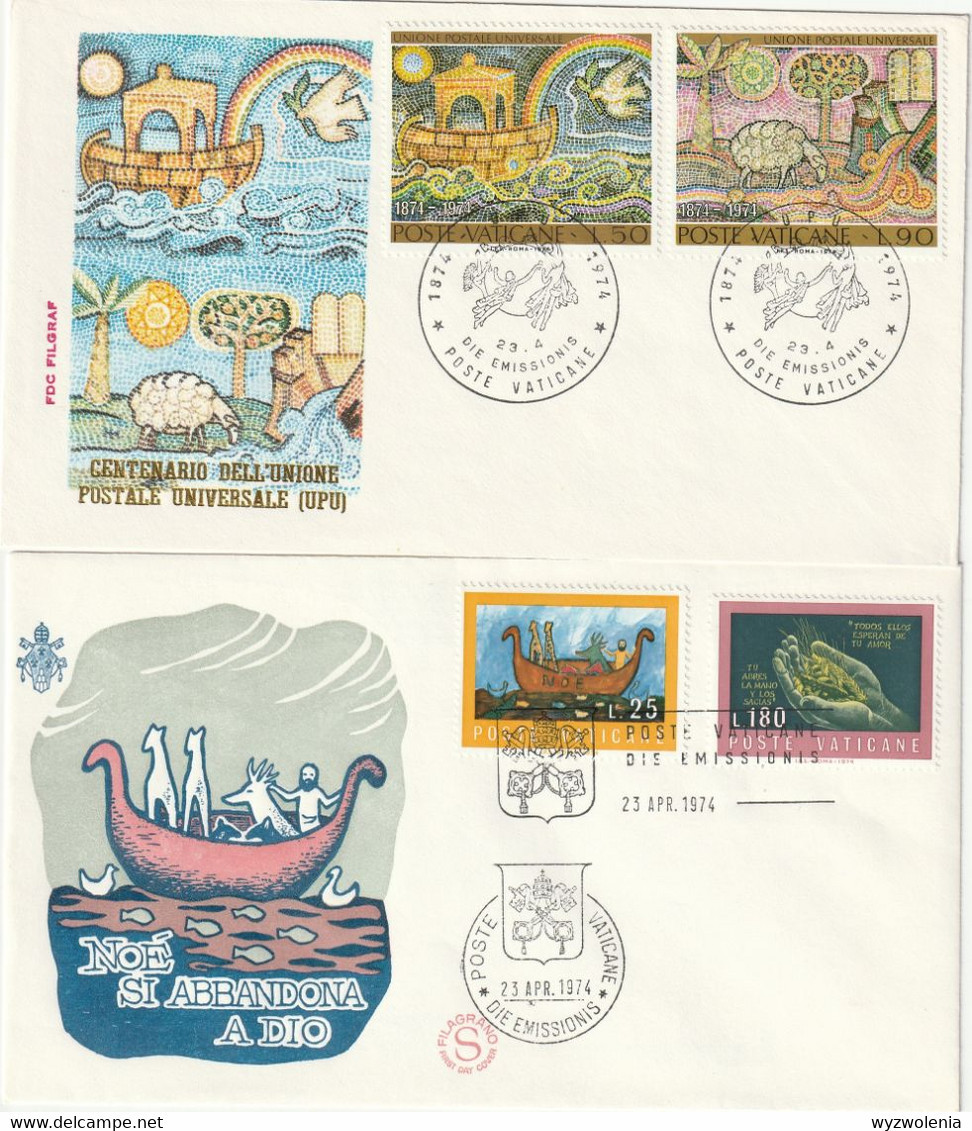 T 681) Vatikan 1974 Mi# 633-634 FDC: UPU Mosaiken Arche Noah, Lamm; Mi# 635-639 FDC: Zeichnungen Licht, Arche, Essen - Brieven En Documenten