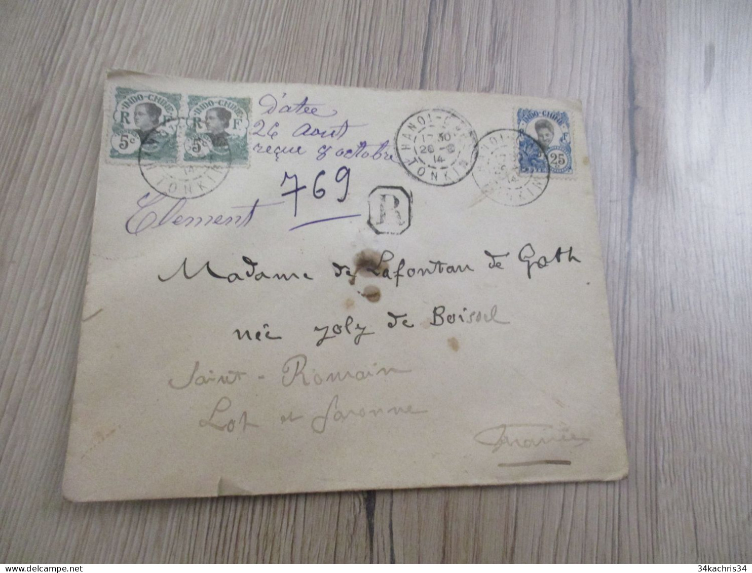 F5 Lettre Indochine En Recommandé 3 TP Anciens Hanoï Pour Saint Romain Lot 1914 - Lettres & Documents