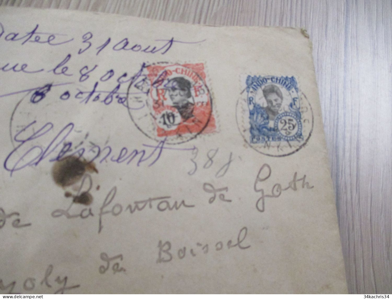 F5 Lettre Indochine En Recommandé 2 TP Anciens Hanoï Pour Saint Romain Lot 1914 - Storia Postale