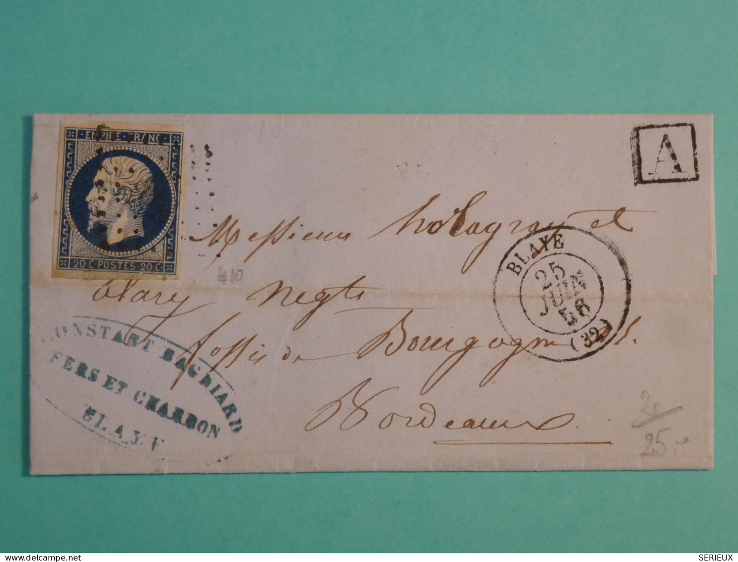 DH19 FRANCE  BELLE  LETTRE RR  1856 BLAYE   A BORDEAUX  +CACHET A +NAPOLEON N°14    ++AFF. INTERESSANT++++++ - 1849-1876: Classic Period