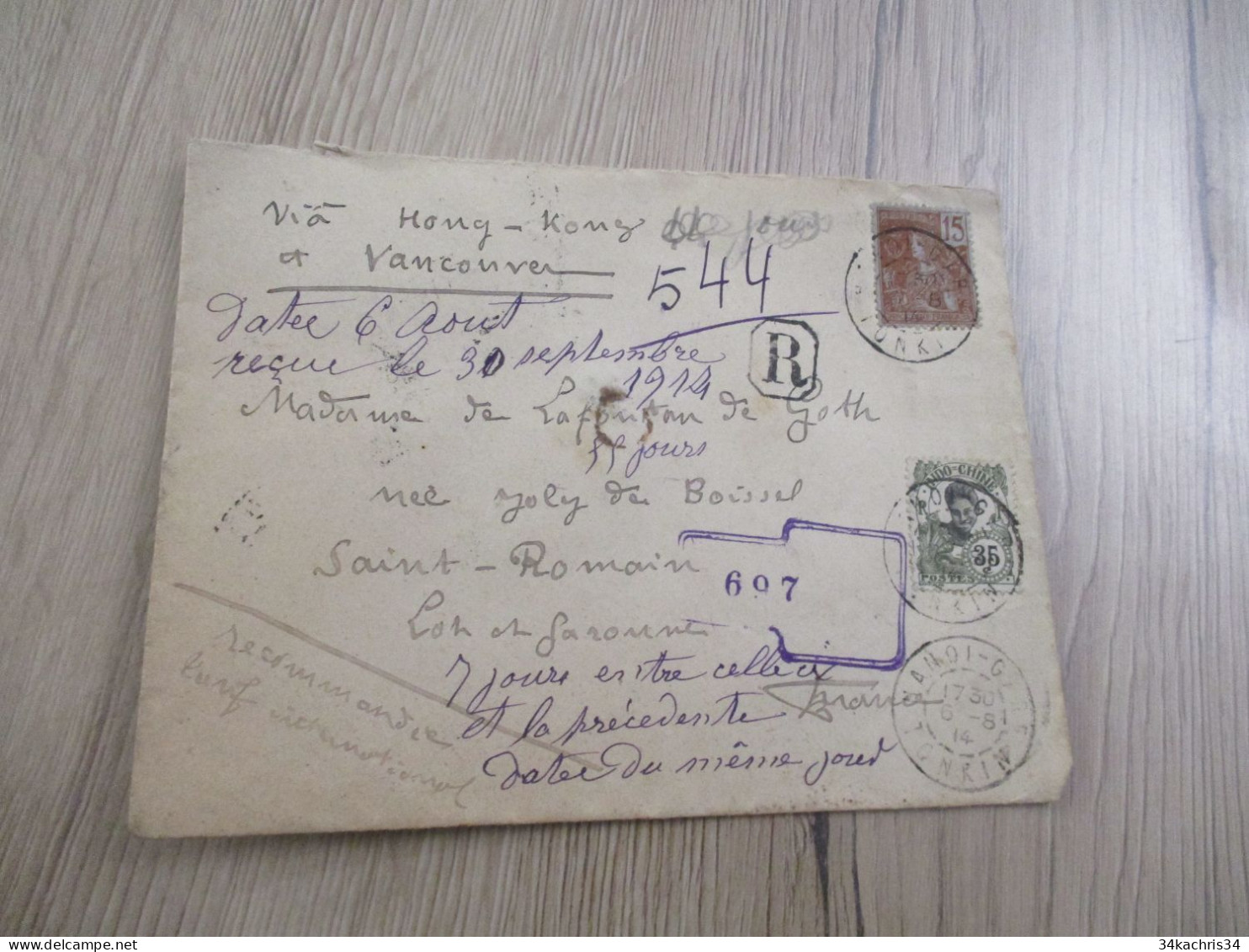 F5 Lettre Indochine En Recommandé 2 TP Anciens Hanoï Pour Saint Romain Lot 1914 Par Hong Kong à Vancouver - Briefe U. Dokumente