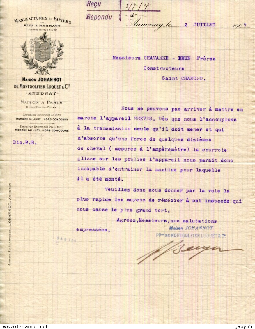 FACTURE.07.ARDECHE.ANNONAY.MANUFACTURE DE PAPIERS DE FAYA & MARMATY.MAISON JOHANNOT,DE MONTGOLFIER,LUQUET & Cie. - Drukkerij & Papieren