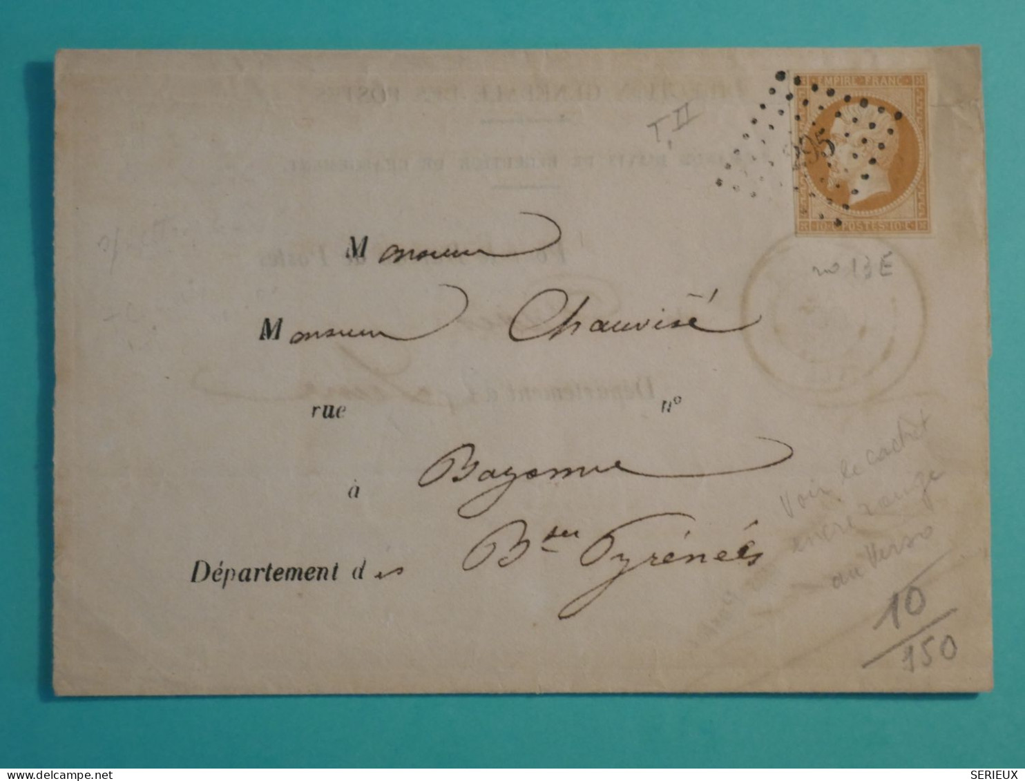 DH19 FRANCE  BELLE  LETTRE DIRECTION GEN. POSTES PARIS 1862  BAYONNE   ++NAPOLEON N°13   ++AFF. INTERESSANT++++++ - 1849-1876: Periodo Classico