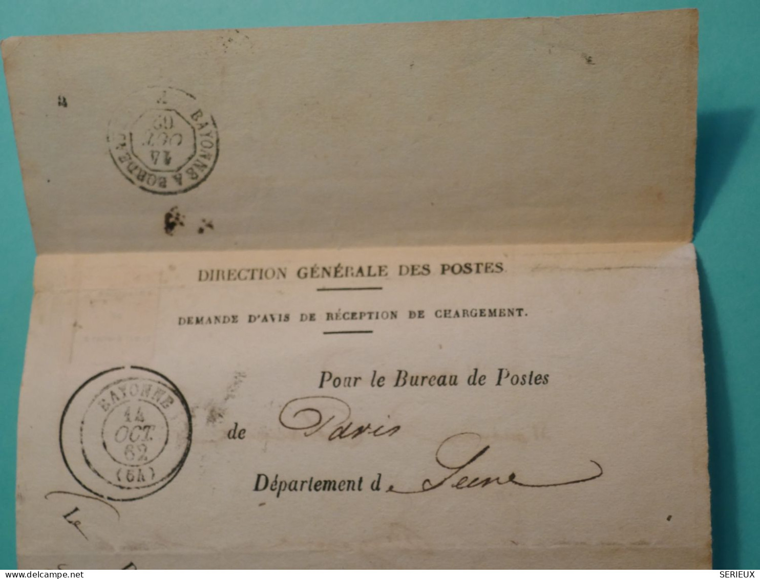 DH19 FRANCE  BELLE  LETTRE DIRECTION GEN. POSTES PARIS 1862  BAYONNE   ++NAPOLEON N°13   ++AFF. INTERESSANT++++++ - 1849-1876: Classic Period