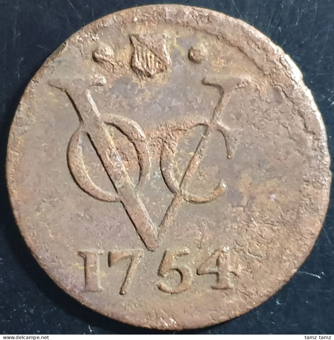 Netherlands East Indies VOC Utrecht Indonesia 1 One Duit 1754 Shield Mintmark - Indonesia