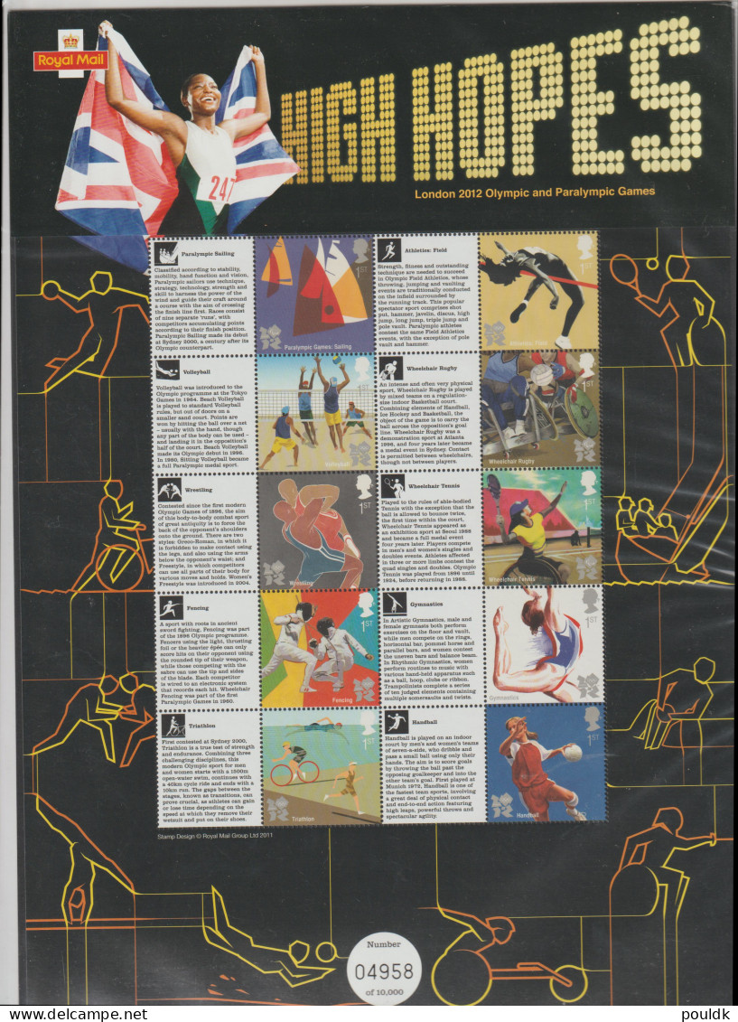 Great Britain 2012 Olympic Games In London High Hopes Smilers Large Sheet W/Ten 1st Stamps MNH/**. Postal - Summer 2012: London