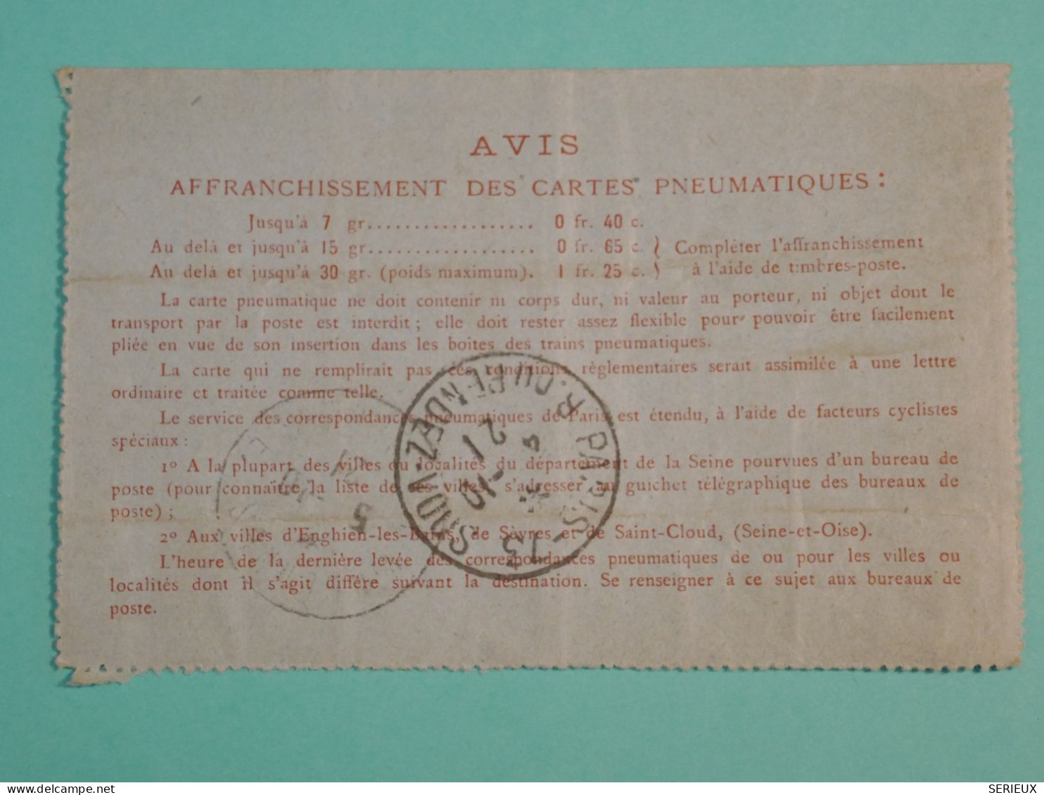 DH20 FRANCE  BELLE  CARTE PNEUMATIQUE  PARIS 1921 A VINCENNES    ++TELEGRAPHE   ++AFF.  PLAISANT++++++ - Telegraph And Telephone