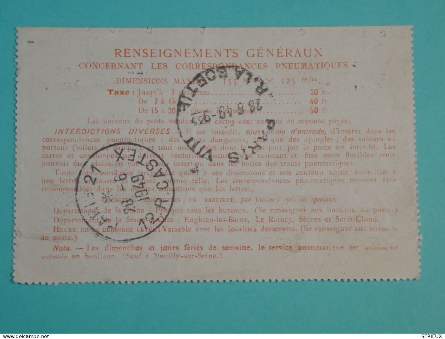 DH20 FRANCE  BELLE  CARTE PNEUMATIQUE  PARIS 1949     ++TELEGRAPHE   ++AFF.  PLAISANT++++++ - Telegraph And Telephone
