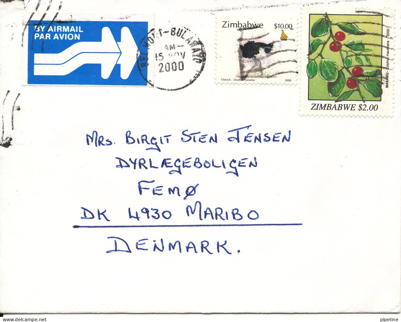 Zimbabwe Air Mail Cover Sent To Denmark 15-11-2000 - Zimbabwe (1980-...)