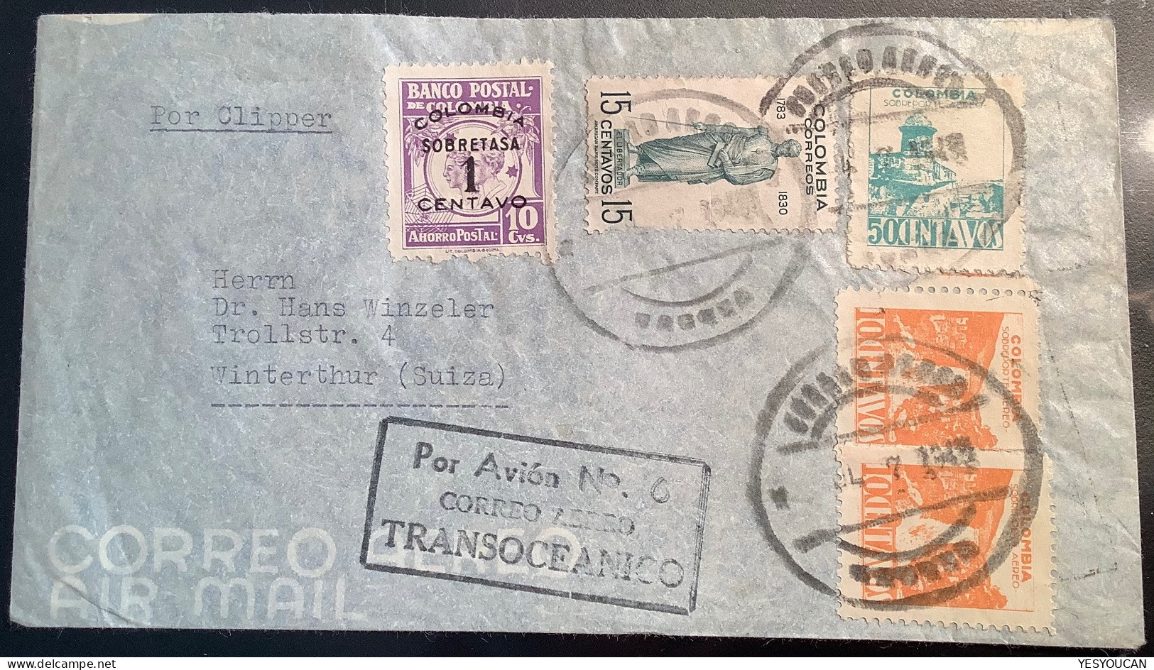 1948 „POR AVION No.6/CORREO AEREO/TRANSOCEANICO“por Clipper Air Mail Cover>Schweiz (Colombia Flugpost Banco Postal Brief - Colombie