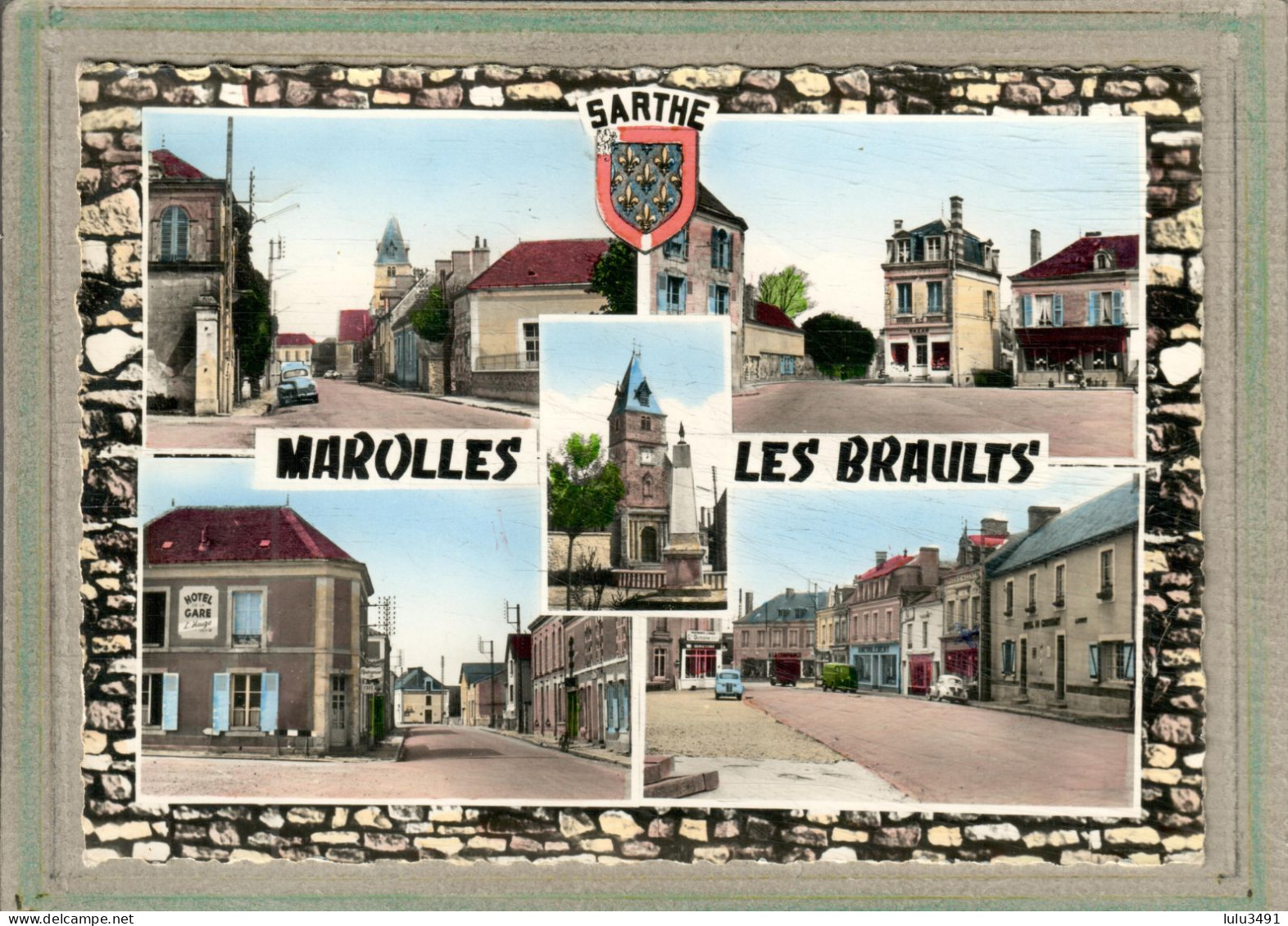 CPSM Dentelée - MAROLLES-les-BRAULTS (72) - Dans Un Cadre De Mur En Pierres Sèches, Une Carte Multi-vues Années 60 - Marolles-les-Braults