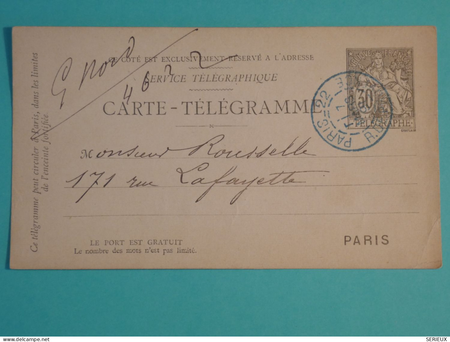DH20 FRANCE  BELLE  CARTE TELEGRAMME  PARIS  PARIS  1891 ++TELEGRAPHE   ++AFF.  PLAISANT++++++ - Telegraph And Telephone