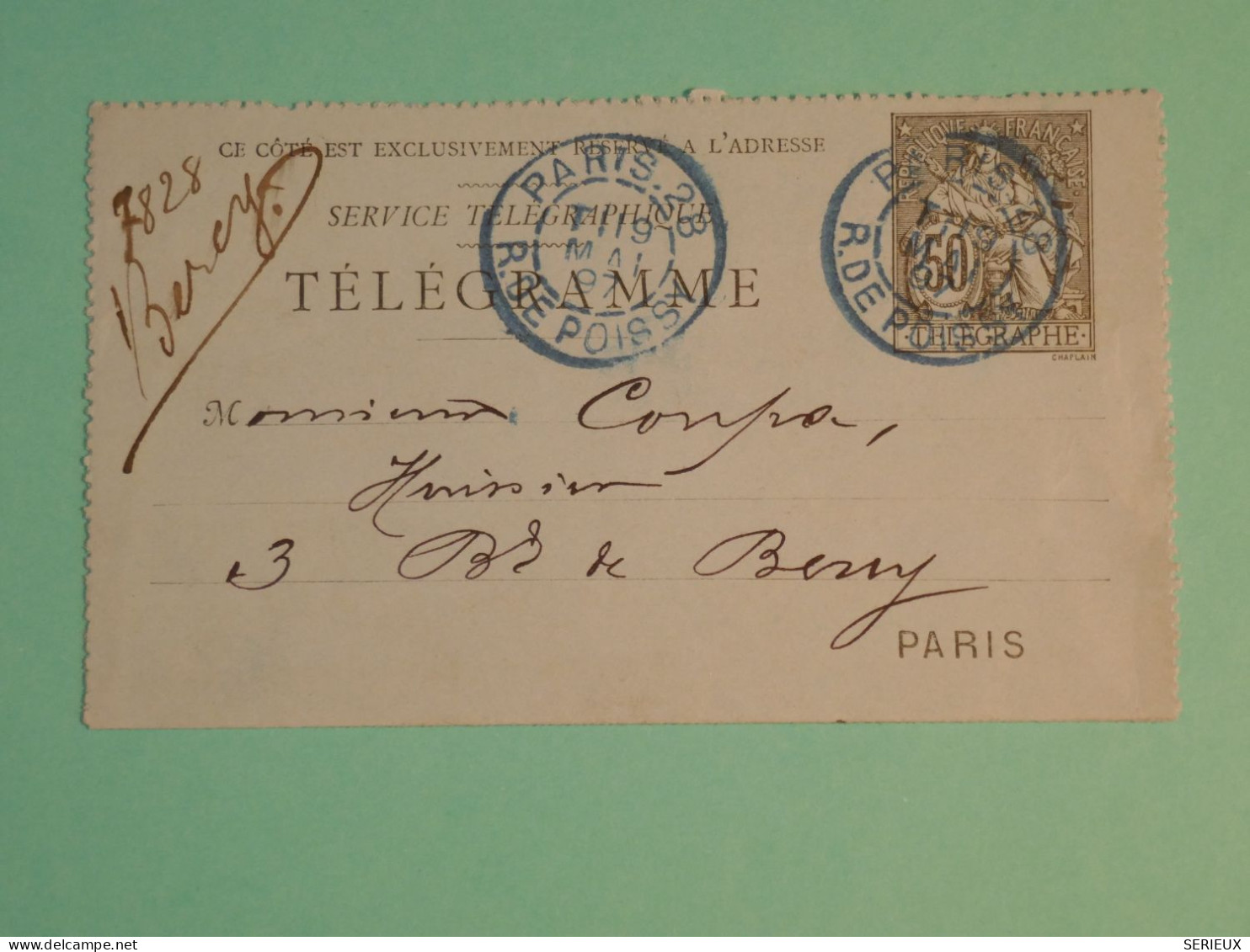DH20 FRANCE  BELLE  CARTE TELEGRAMME  PARIS 1897  PARIS   +C. BLEUS +TELEGRAPHE   ++AFF.  PLAISANT++++++ - Telegraph And Telephone