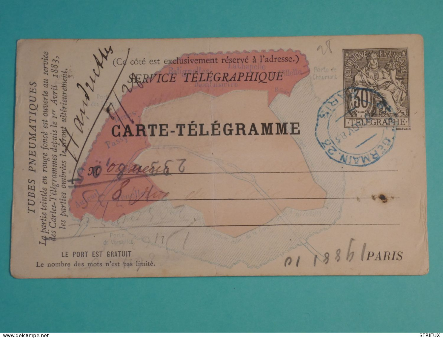 DH20 FRANCE  BELLE  CARTE TELEGRAMME  PARIS  1883     +  +TELEGRAPHE   +C. BLEUS +AFF.  PLAISANT++++++ - Telegraph And Telephone