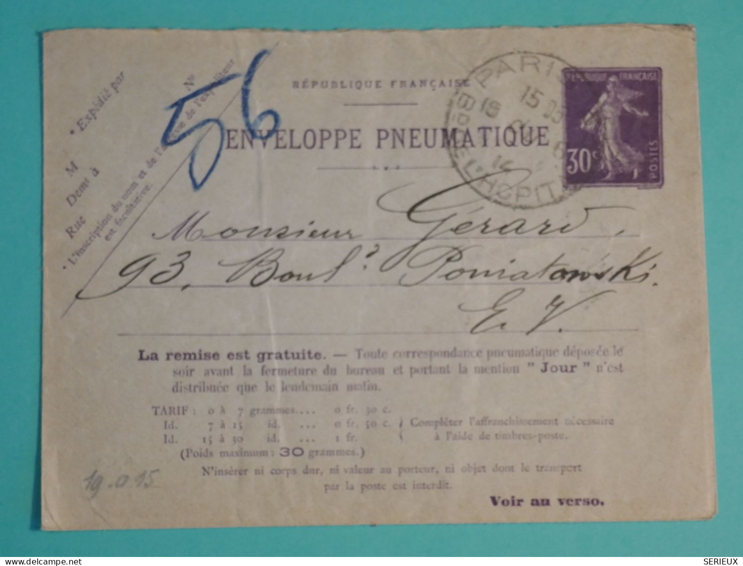 DH20 FRANCE  BELLE  CARTE PNEUMATIQUE   PARIS  1914   +  +TELEGRAPHE   ++AFF.  PLAISANT++++++ - Telegrafi E Telefoni
