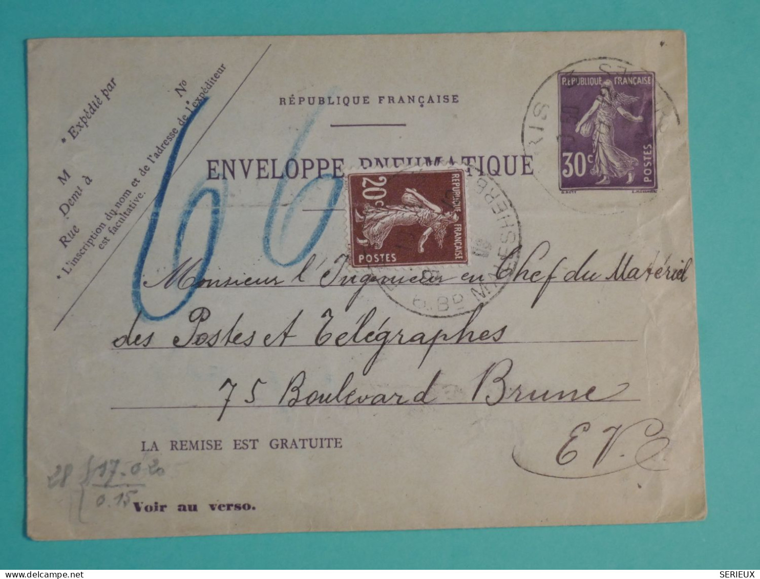 DH20 FRANCE  BELLE ENVELOPPE  PNEUMATIQUE   PARIS  1905  +  +TELEGRAPHE   ++AFF.  PLAISANT++++++ - Telegraph And Telephone