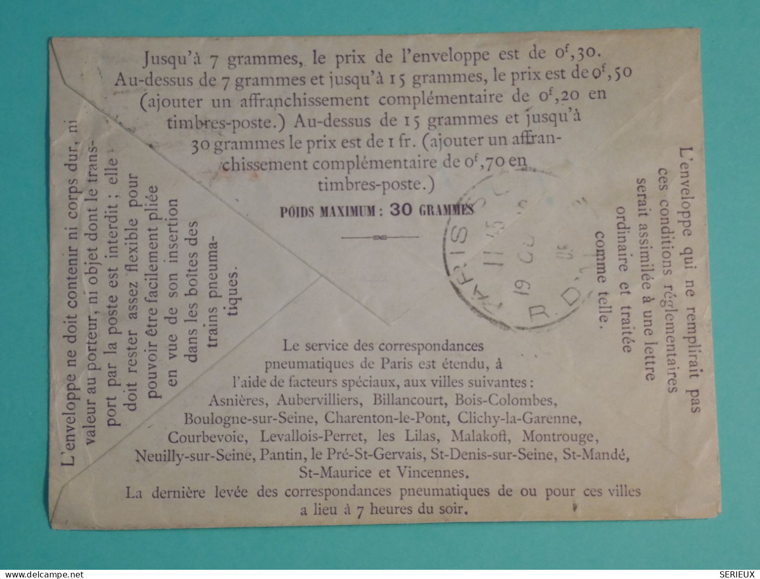 DH20 FRANCE  BELLE ENVELOPPE  PNEUMATIQUE   PARIS  1905  +  +TELEGRAPHE   ++AFF.  PLAISANT++++++ - Telegraph And Telephone