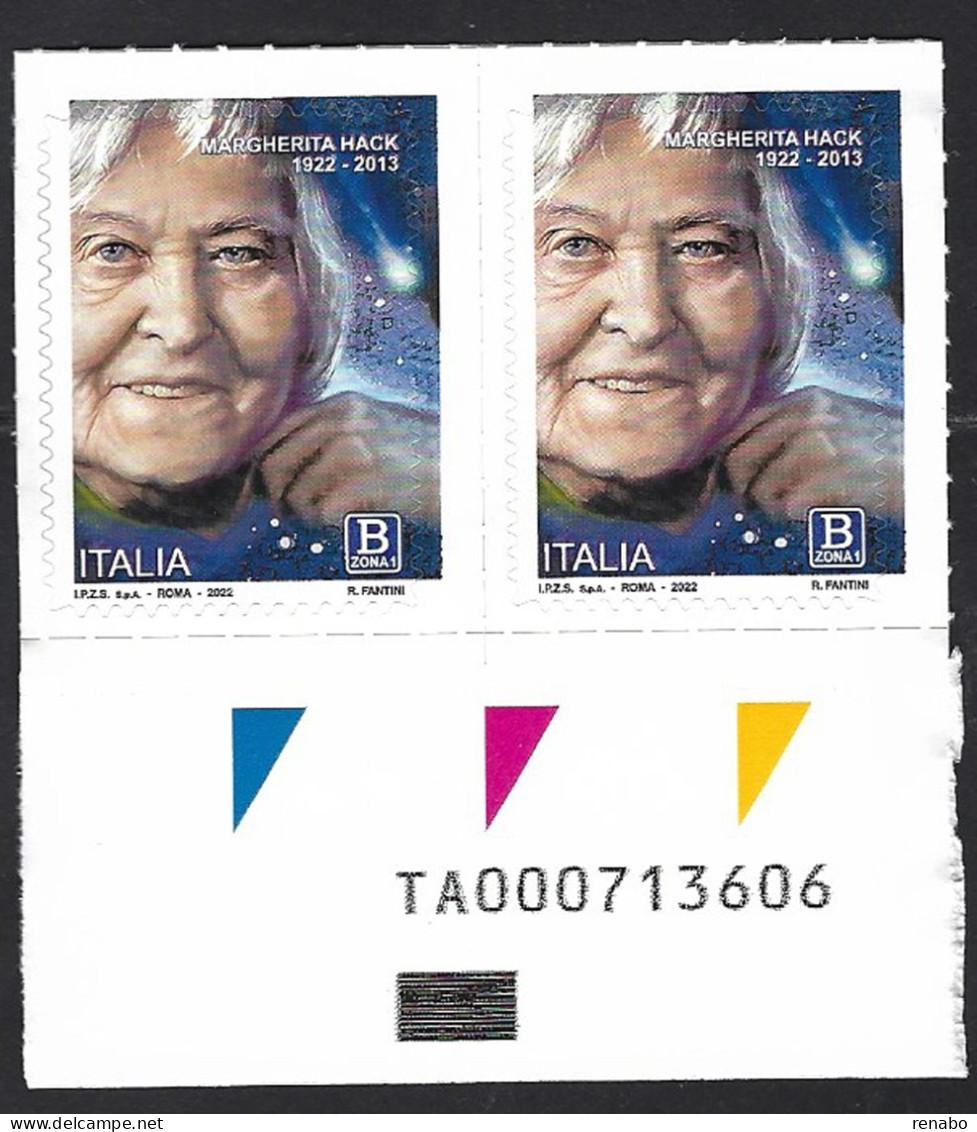 Italia 2022; La Scienziata Margherita Hack, B Zona1, Coppia Con Codice Alfanumerico. - Bar Codes