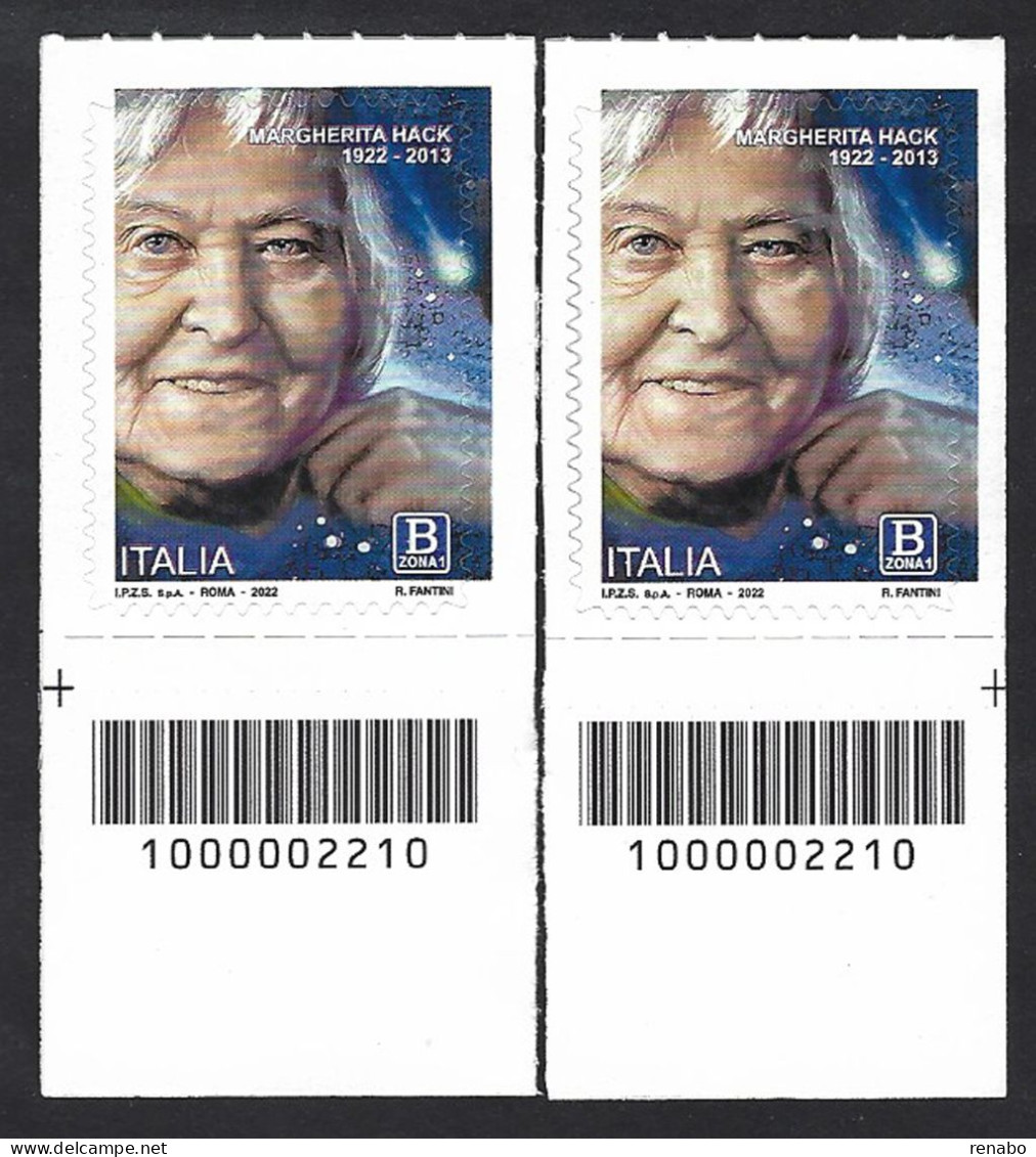 Italia 2022; La Scienziata Margherita Hack, B Zona1, 2 Francobolli A Barre Opposte. - Bar Codes