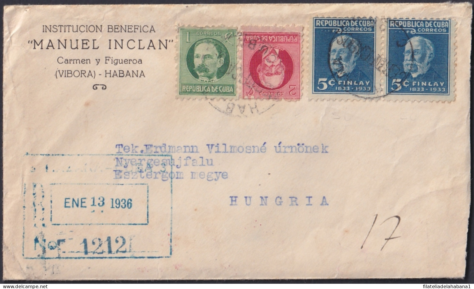 1934-H-27 CUBA REPUBLICA 1934 FINLAY REGISTERED COVER TO HUNGARY.  - Brieven En Documenten