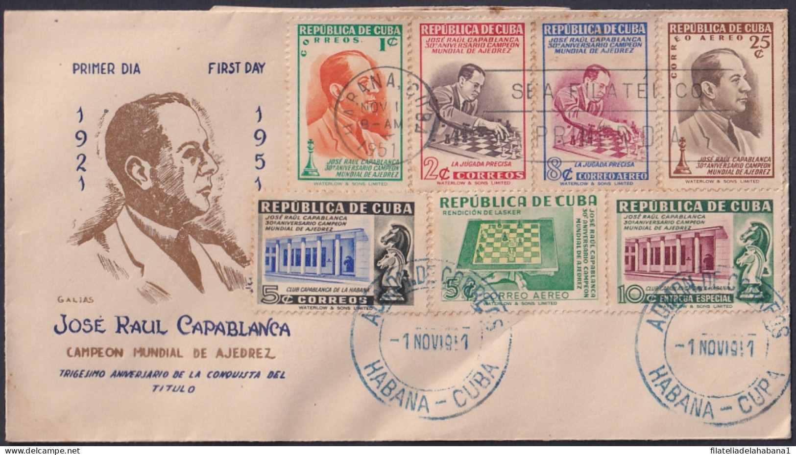 1951-FDC-222 CUBA REPUBLICA 1951 FDC CAPABLANCA AJEDREZ CHESS. GALIAS COVER.  - FDC