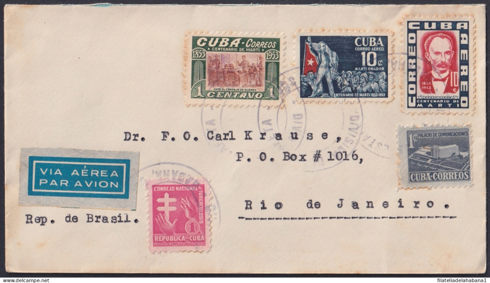 1953-H-43 CUBA REPUBLICA 1953 JOSE MARTI AIR MAIL COVER TO BRAZIL BRASIL. - Briefe U. Dokumente