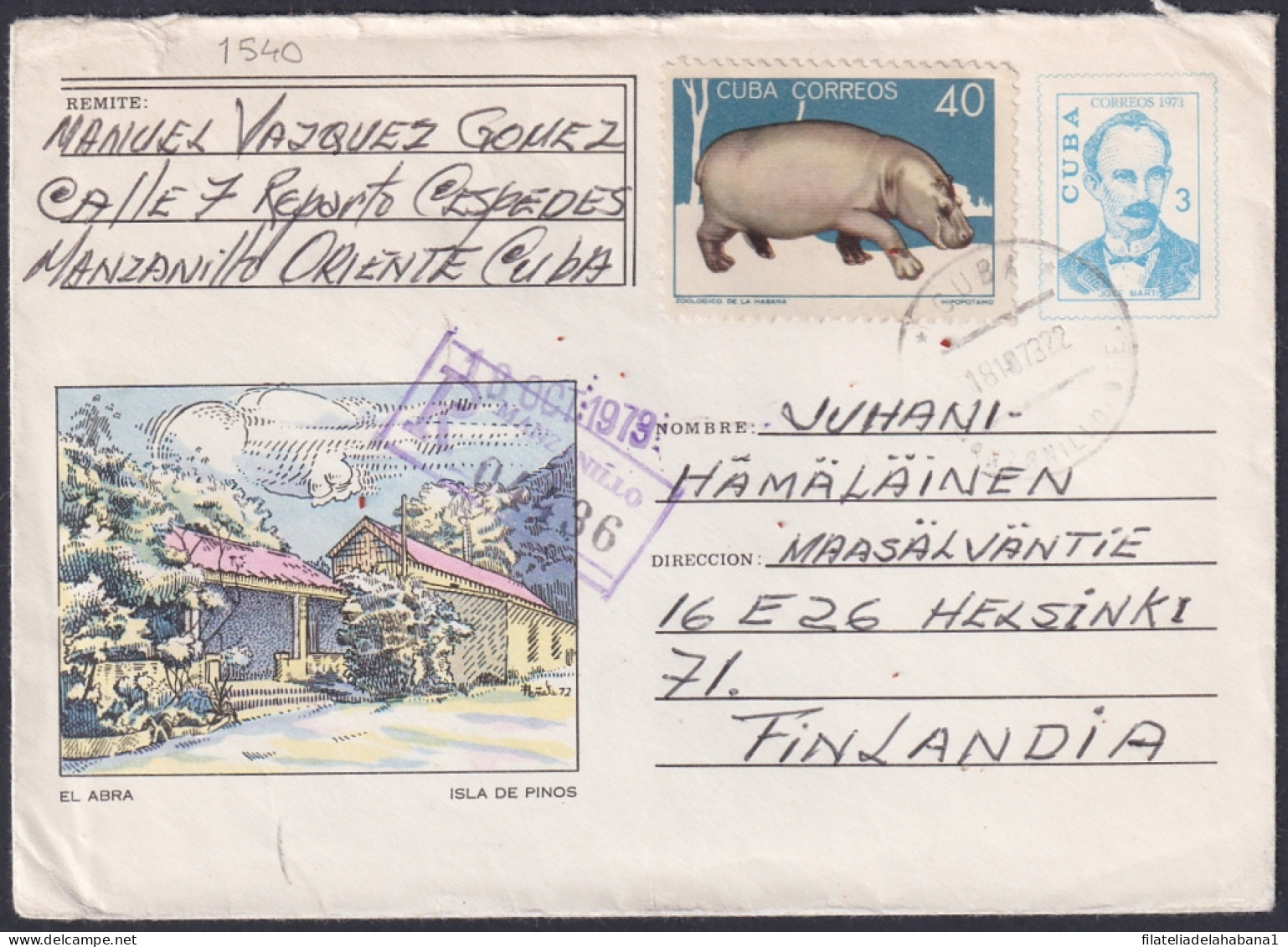 1973-EP-83 CUBA 1973 3c REGISTERD POSTAL STATIONERY COVER TO FINLAND. EL ABRA PINES IS.  - Lettres & Documents