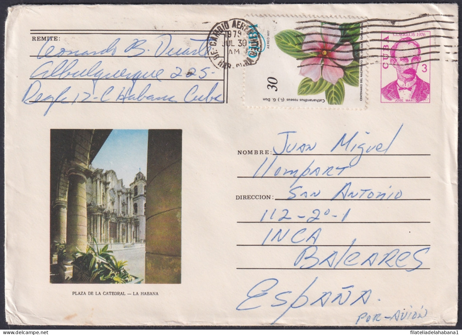 1976-EP-99 CUBA 1976 3c POSTAL STATIONERY COVER TO SPAIN. HAVANA CATHEDRAL CHURCH.  - Covers & Documents