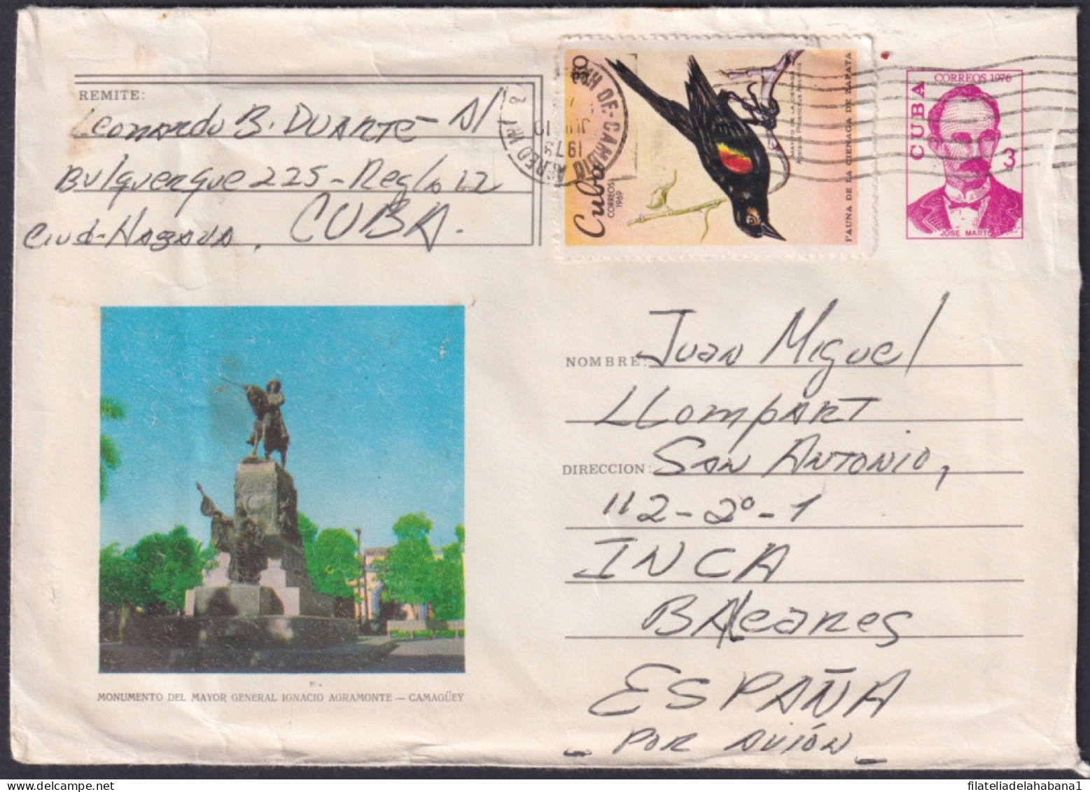 1976-EP-100 CUBA 1976 3c POSTAL STATIONERY COVER TO SPAIN. CAMAGUEY AGRAMONTE MONUMENT.  - Covers & Documents