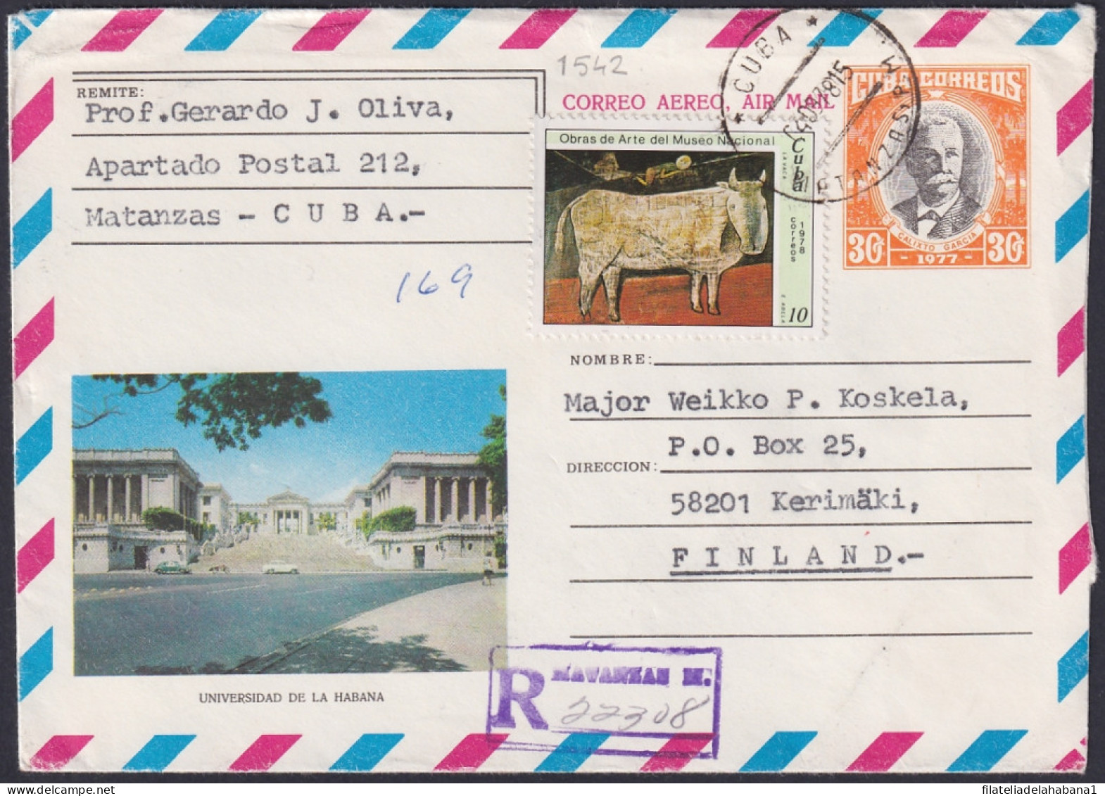 1977-EP-80 CUBA 1977 30c REGISTERD POSTAL STATIONERY COVER TO FINLAND. HAVANA UNIVERSITY.  - Storia Postale