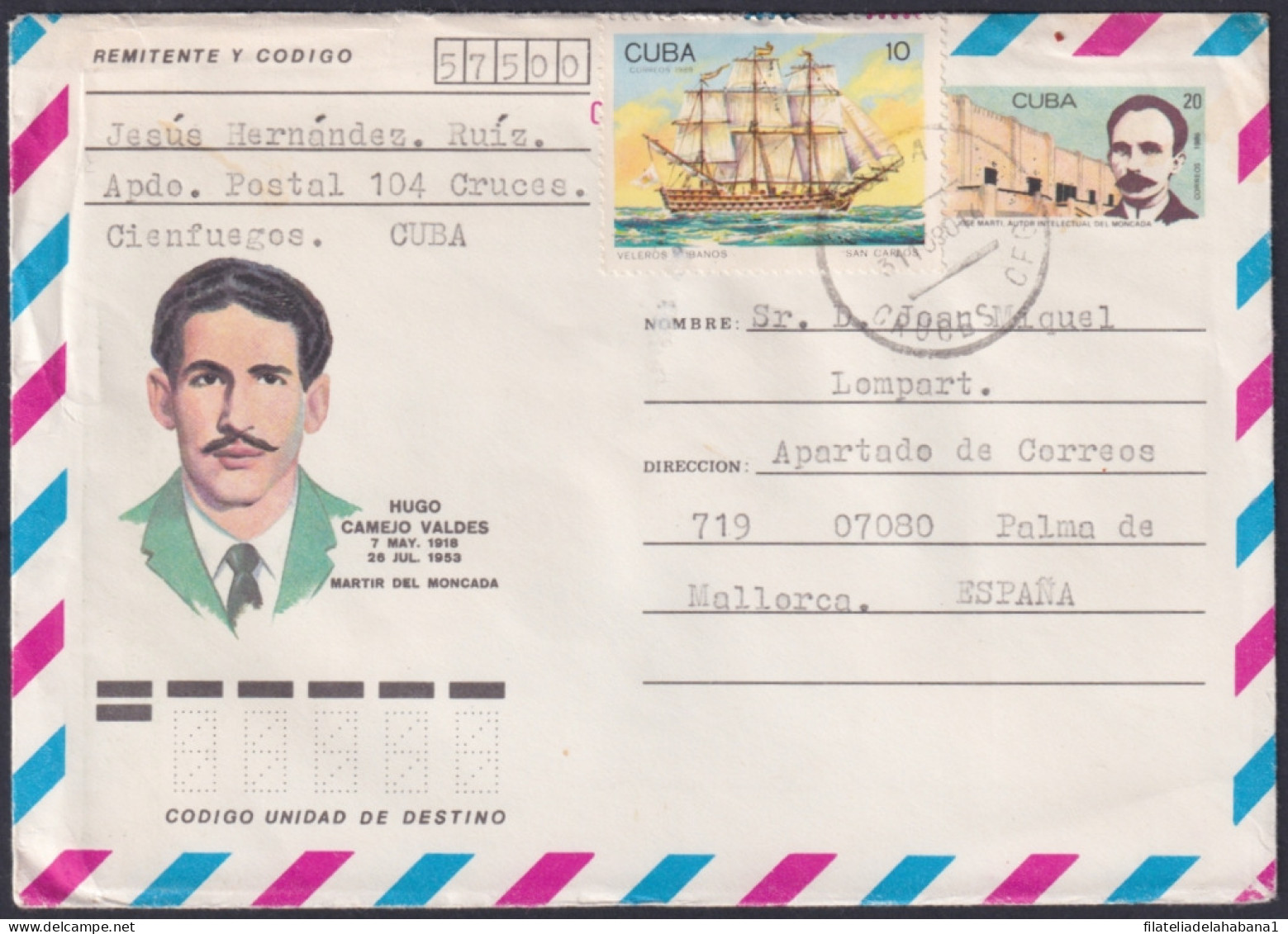 1986-EP-186 CUBA 1986 20c POSTAL STATIONERY COVER TO SPAIN. MONCADA HUGO CAMEJO.  - Brieven En Documenten