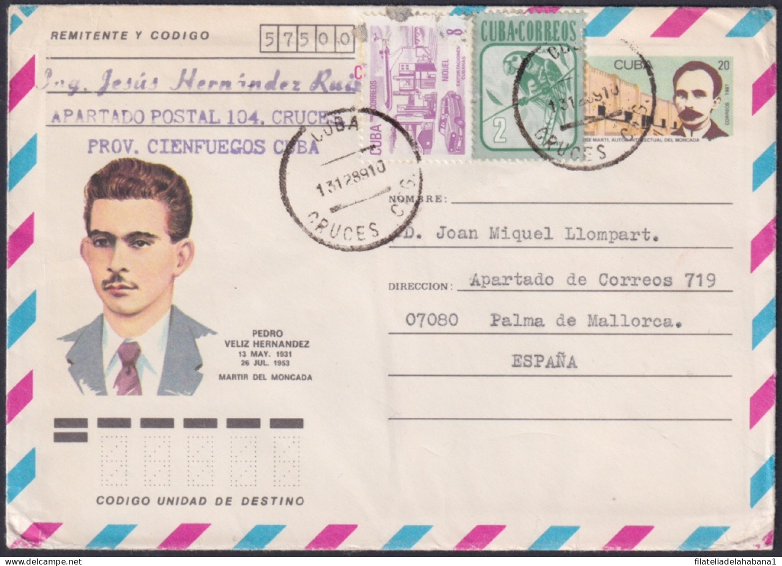 1987-EP-243 CUBA 1987 20c POSTAL STATIONERY COVER TO SPAIN. MONCADA PEDRO VELIZ.  - Lettres & Documents