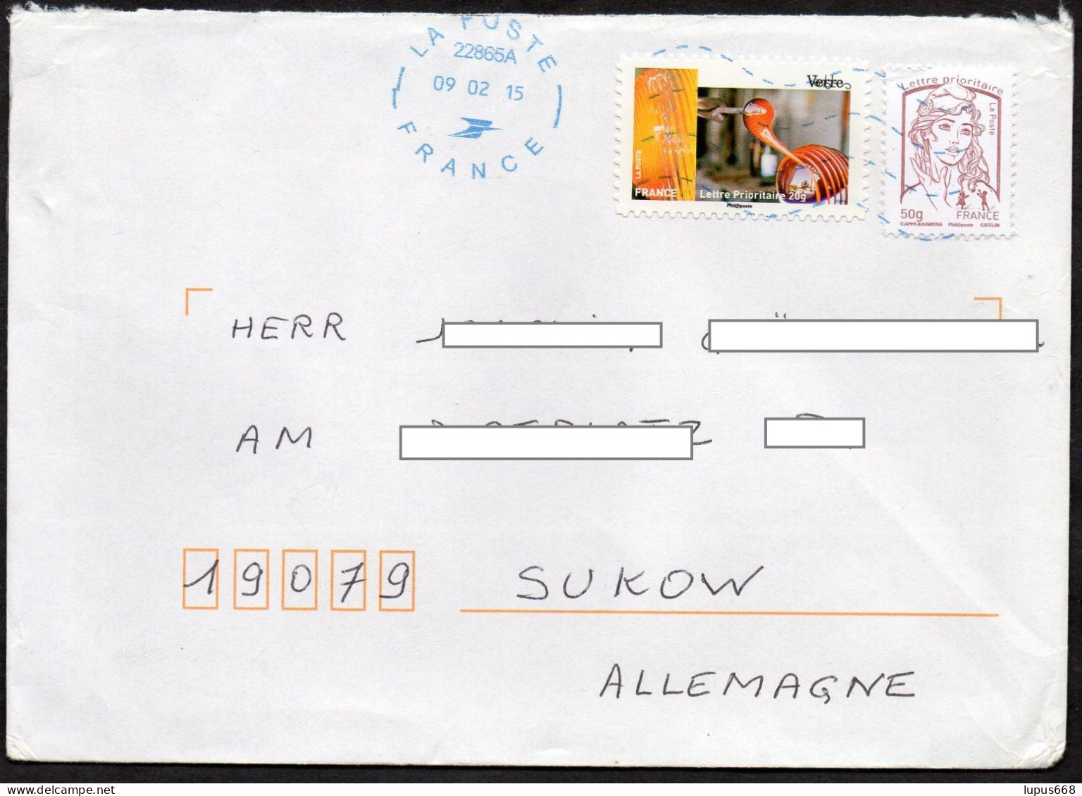 Frankreich 2015  Klebemarke "Glas"  + Marianne 50g    Auf Brief/ Letter - Lettres & Documents