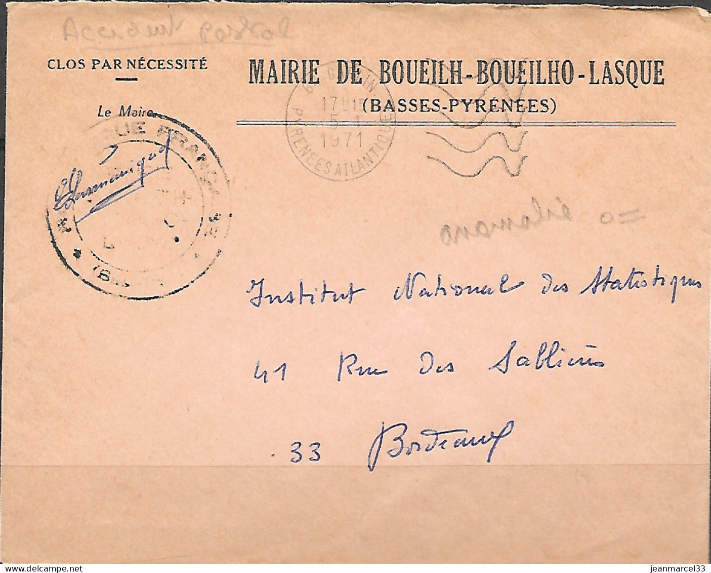 Curiosité Flamme De 64 Garlin 5-1 1971 " Accident Postal Flamme O= Racoursie " - Storia Postale